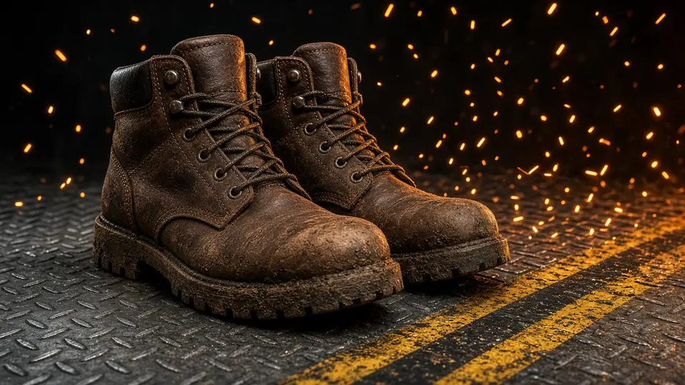 Botas de trabajo resistentes bajo luz dramática con franjas de precaución, para las ofertas de Black Friday