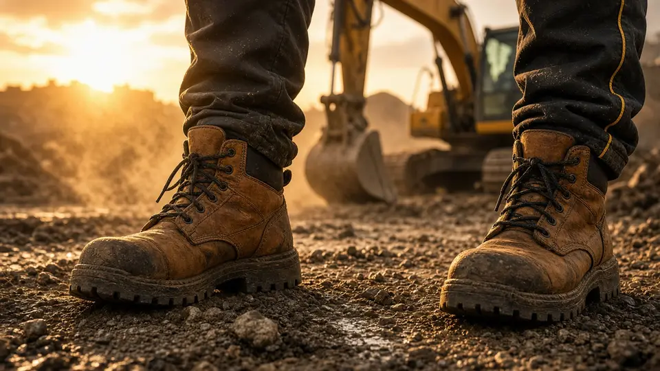 Maquinaria pesada trabajando en una obra al atardecer, con botas de trabajo en primer plano