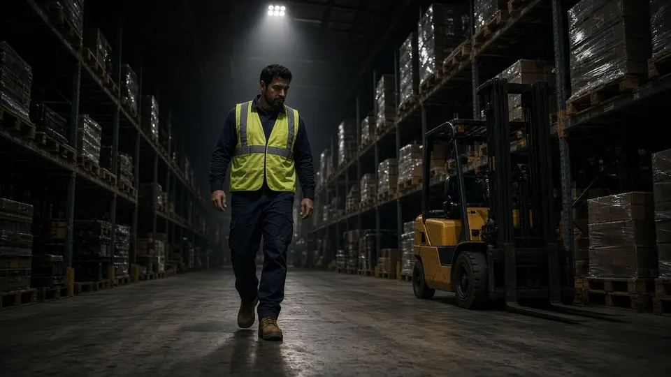 Pasillo de almacén industrial con estantería alta y montacargas